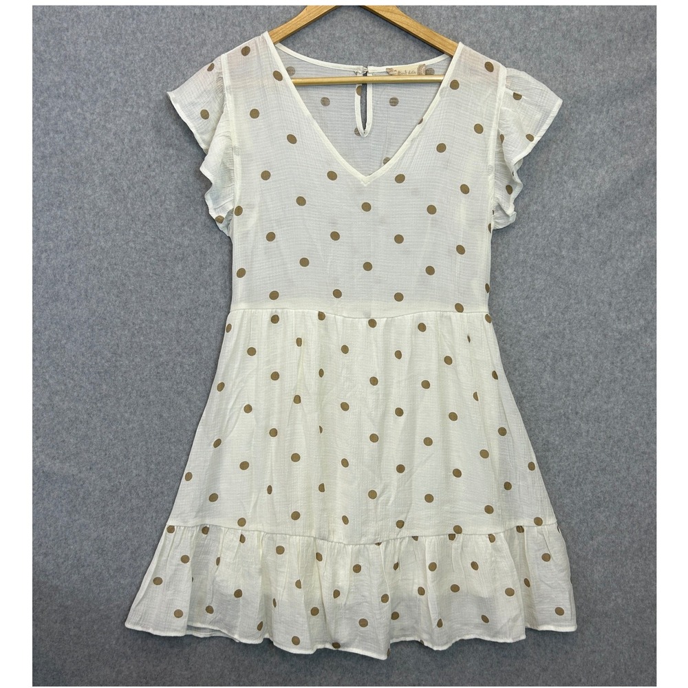 Altar'd State Large Mini Dress Polka Dot Ruffle Sleeve Tiered Ivory Tan Cottage